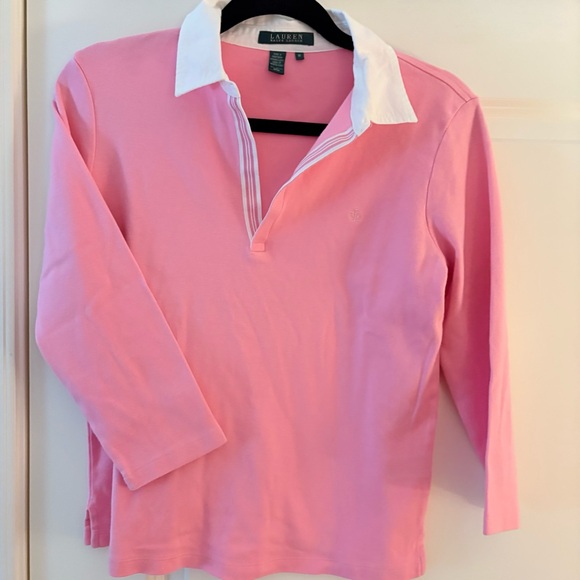 Lauren Ralph Lauren Women’s Pink and White Cotton Long Sleeve Polo Shirt - Picture 8 of 8
